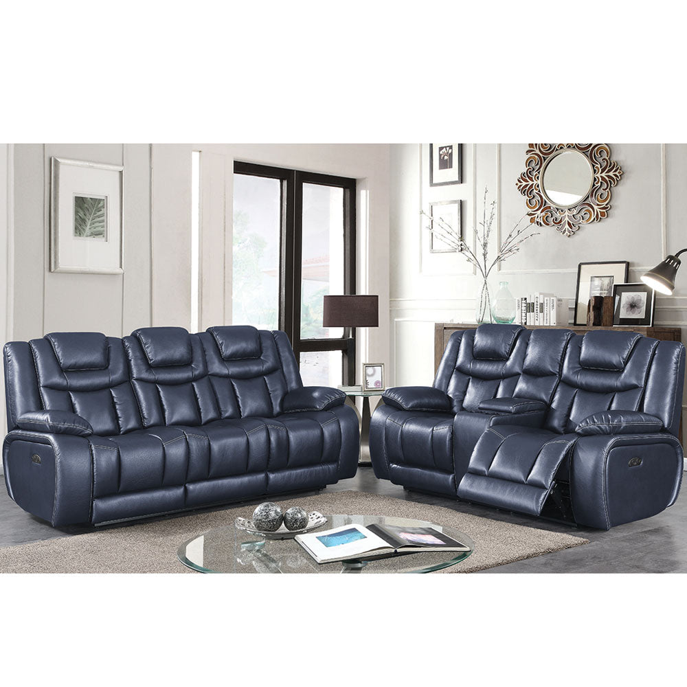 Apex Navy Leather Power Reclining Sofa and Loveseat with Drop Down Table, Console and Power Headrests