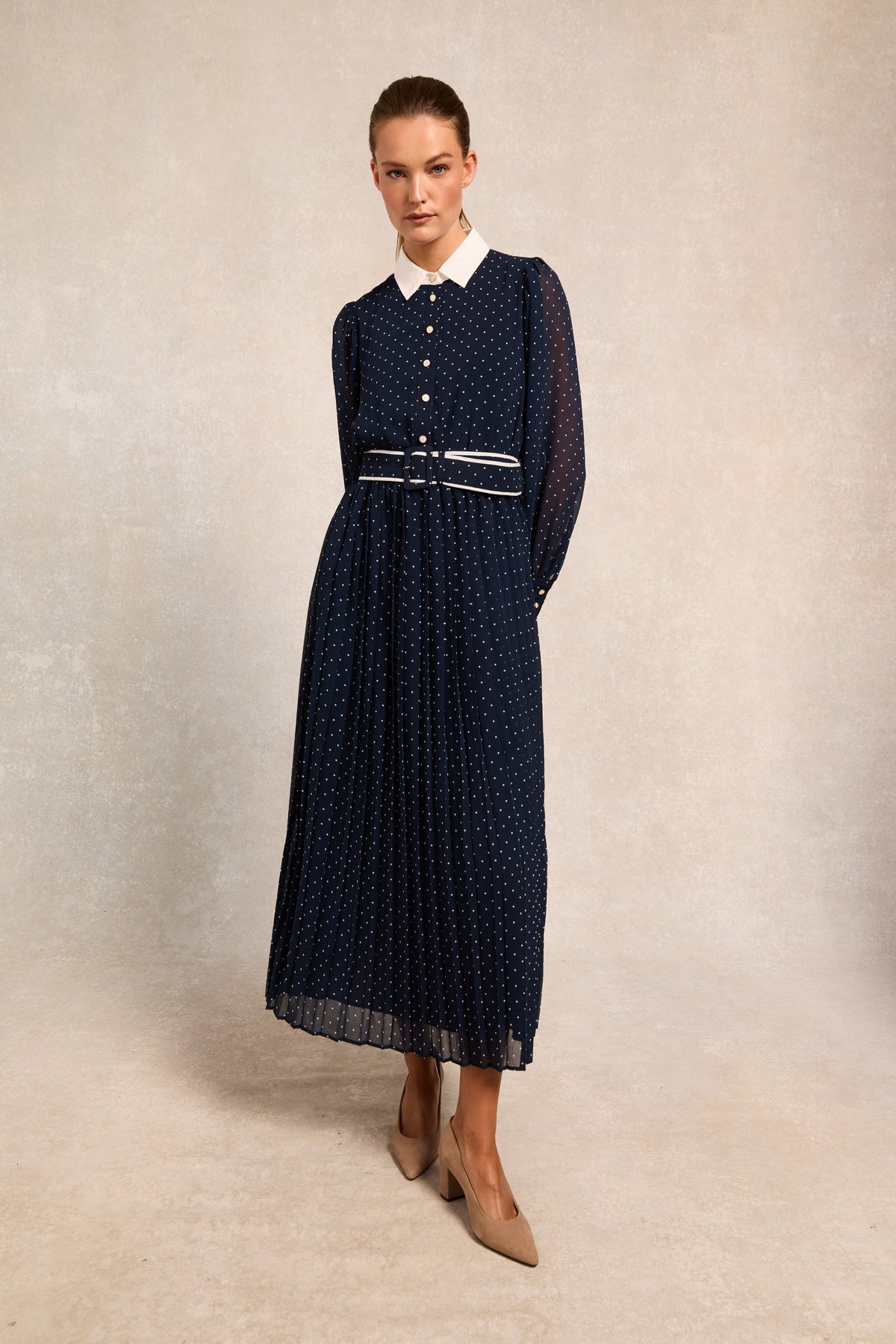 Annabel Pleated Maxi Dress (Ink Navy Polka Dot)