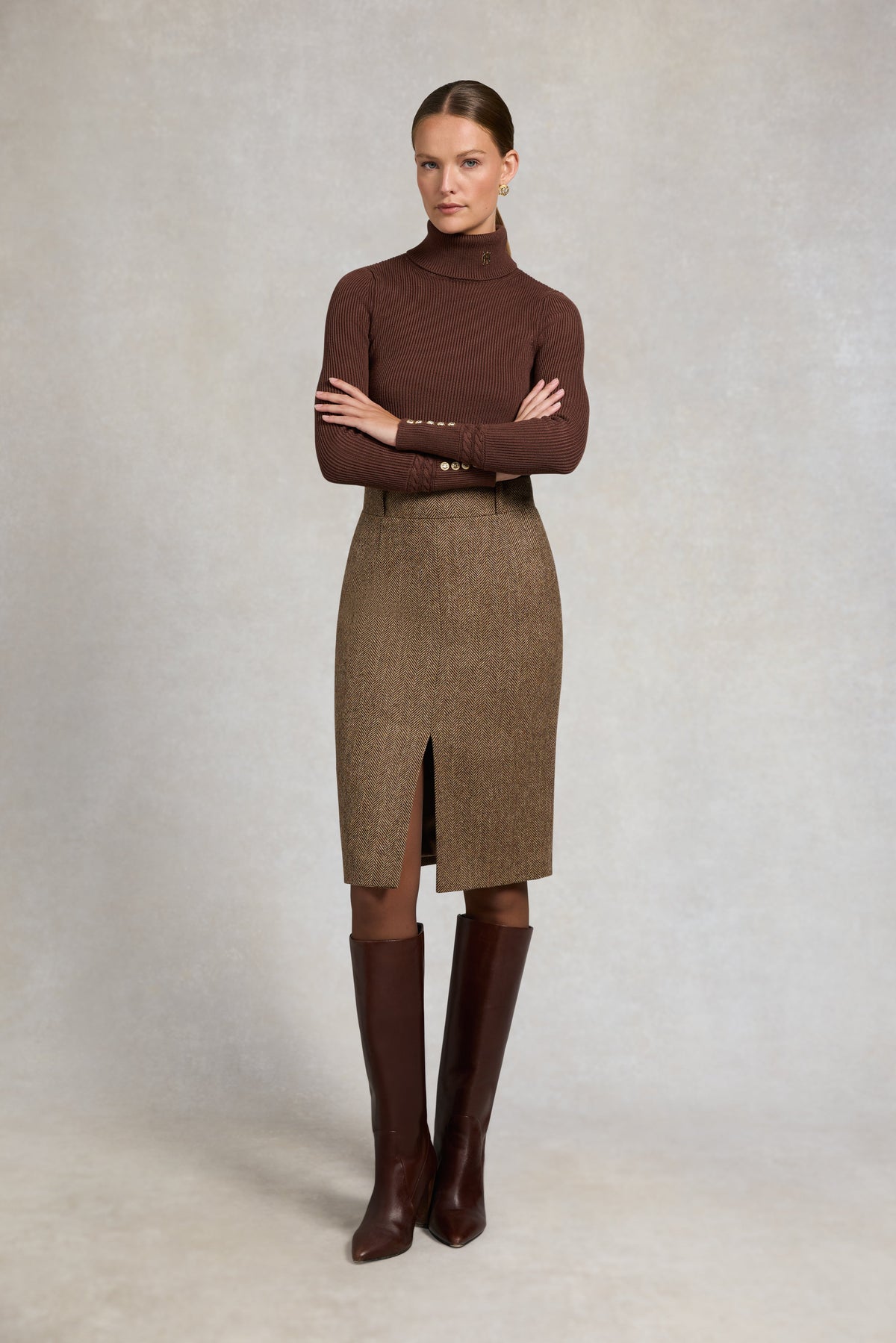 Mayfair Pencil Skirt (Large Scale Brown Herringbone)