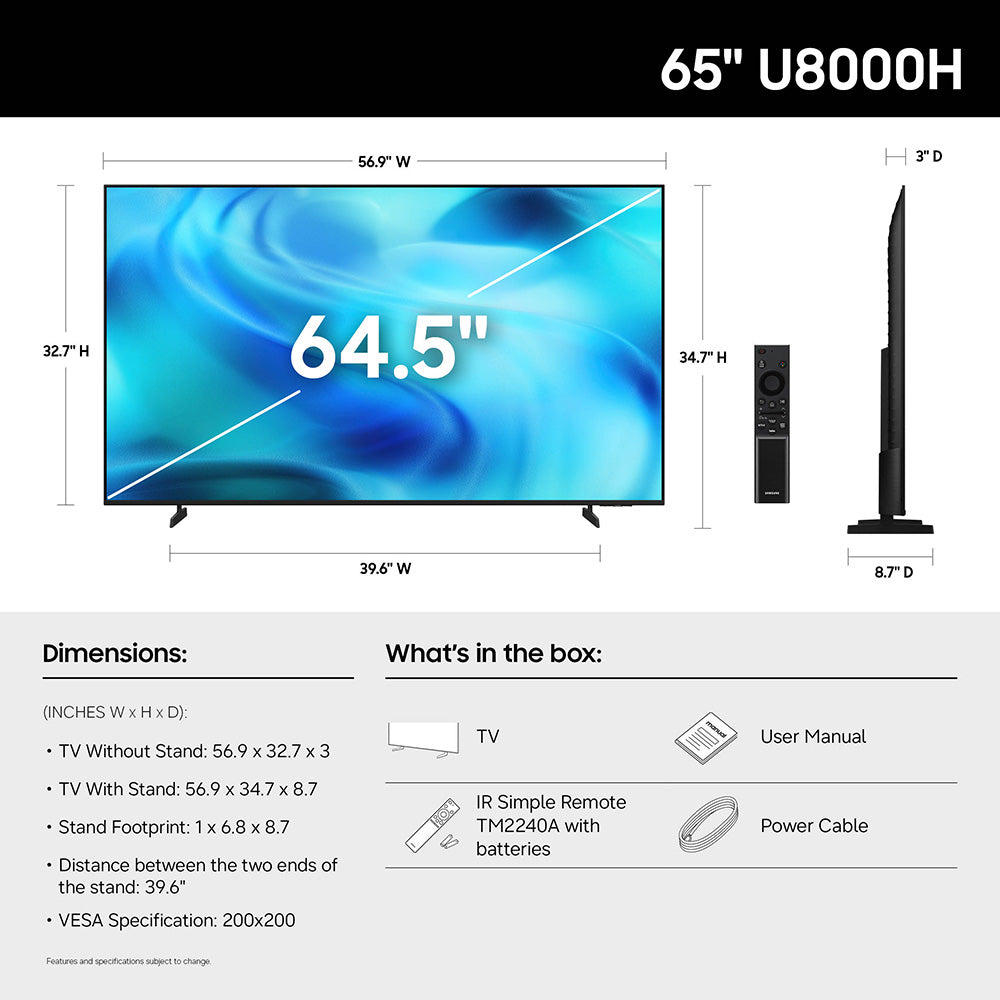 65” Class U8000H Series Crystal UHD 4K Smart Tizen TV