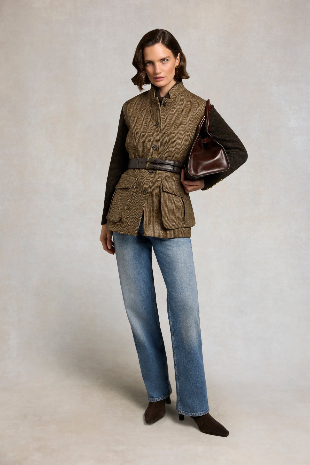 Women's Nehru Gilet (Large Scale Brown Herringbone)