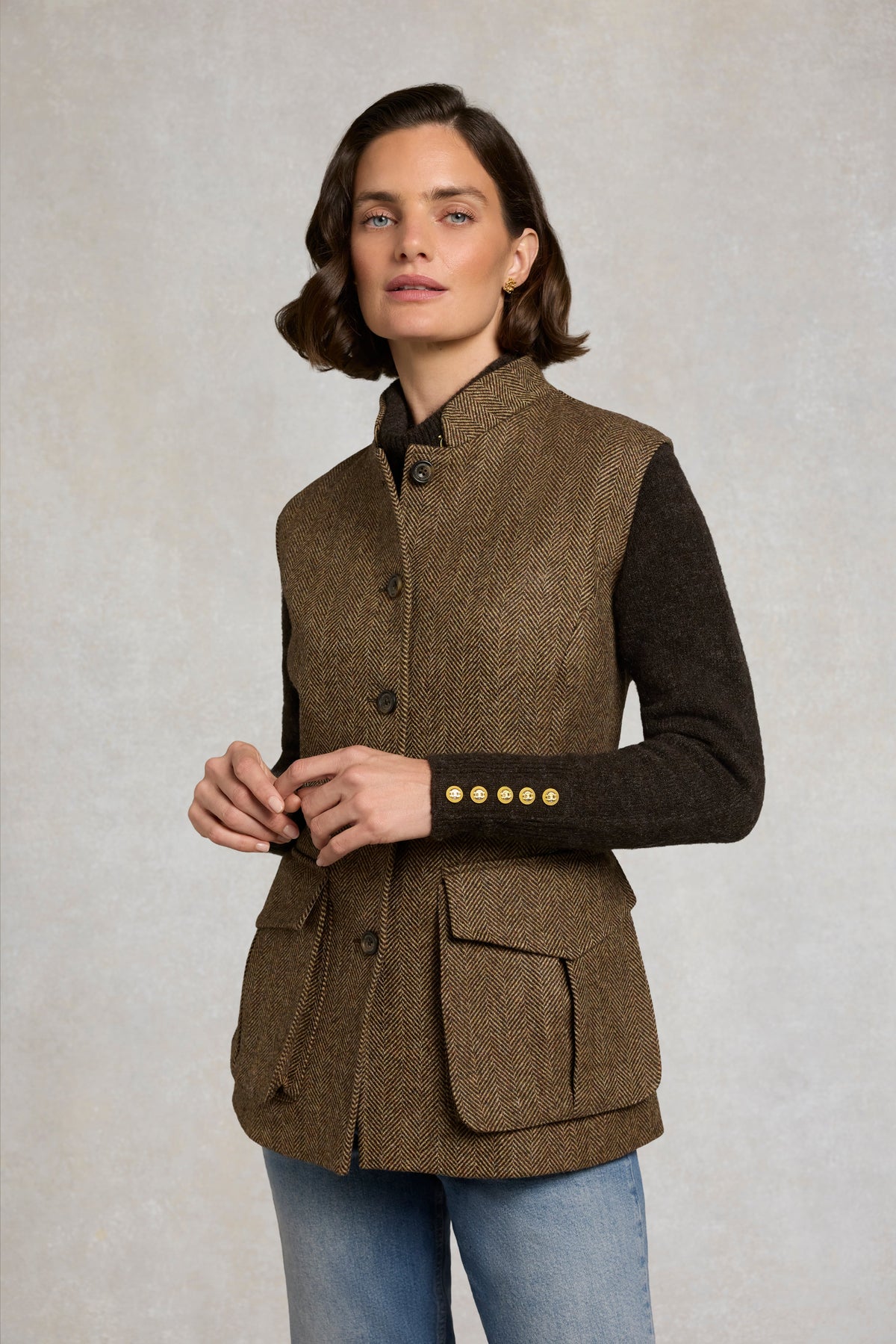 Women's Nehru Gilet (Large Scale Brown Herringbone)