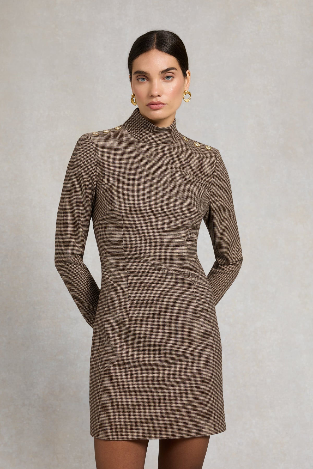 Cara Country Mini Dress (Mocha Houndstooth)