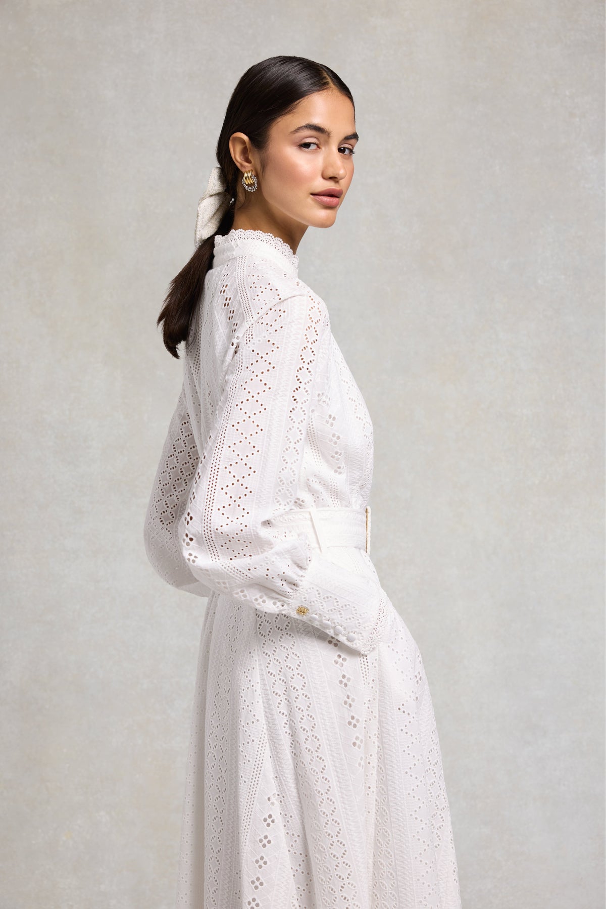 Aimee Collarless Broderie Dress (White)