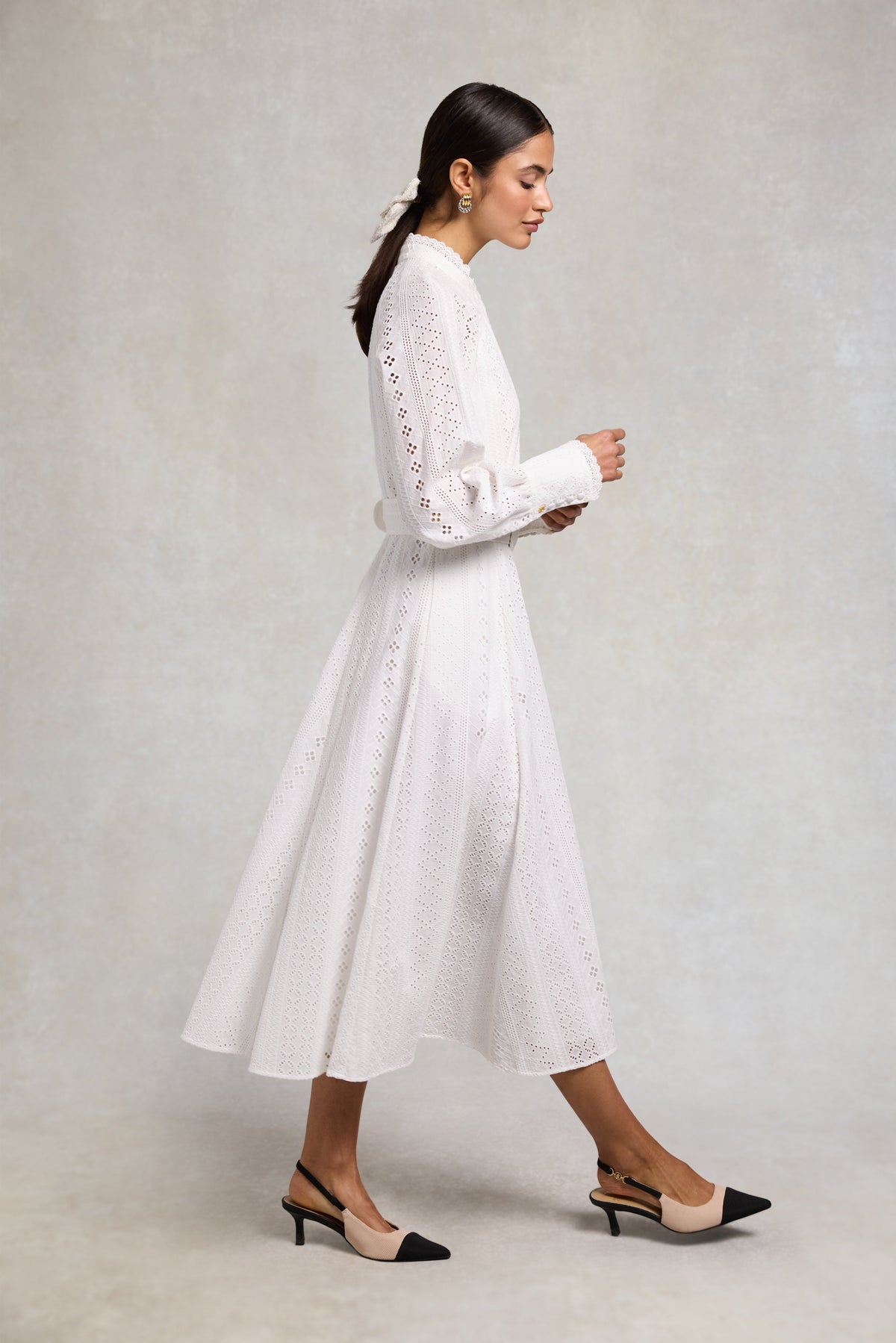 Aimee Collarless Broderie Dress (White)