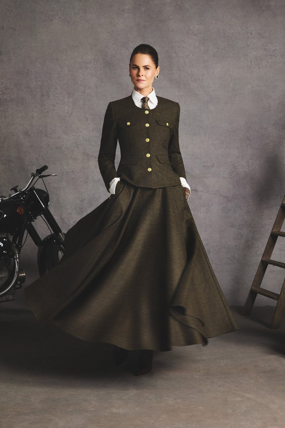 360 Maxi Tweed Circle Skirt (Dark Green Herringbone)