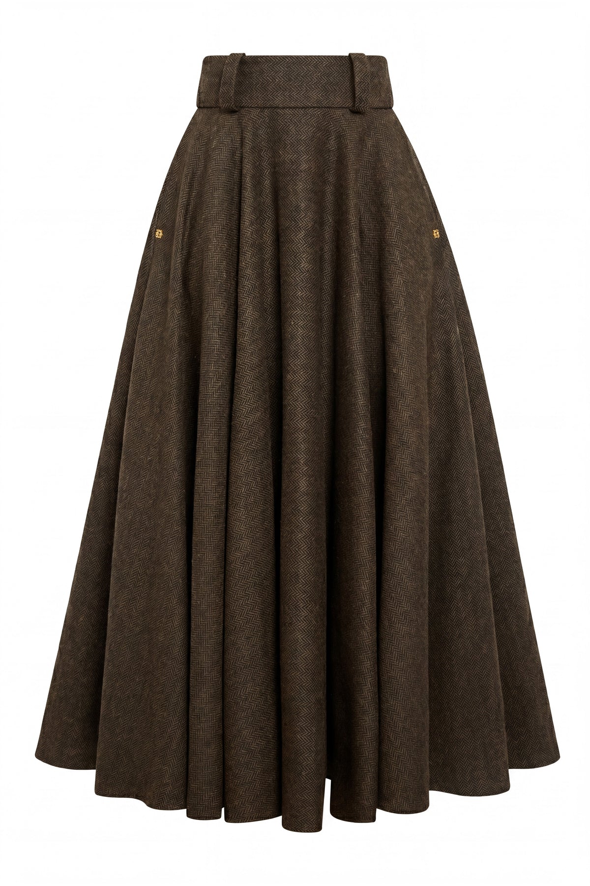360 Maxi Tweed Circle Skirt (Dark Green Herringbone)