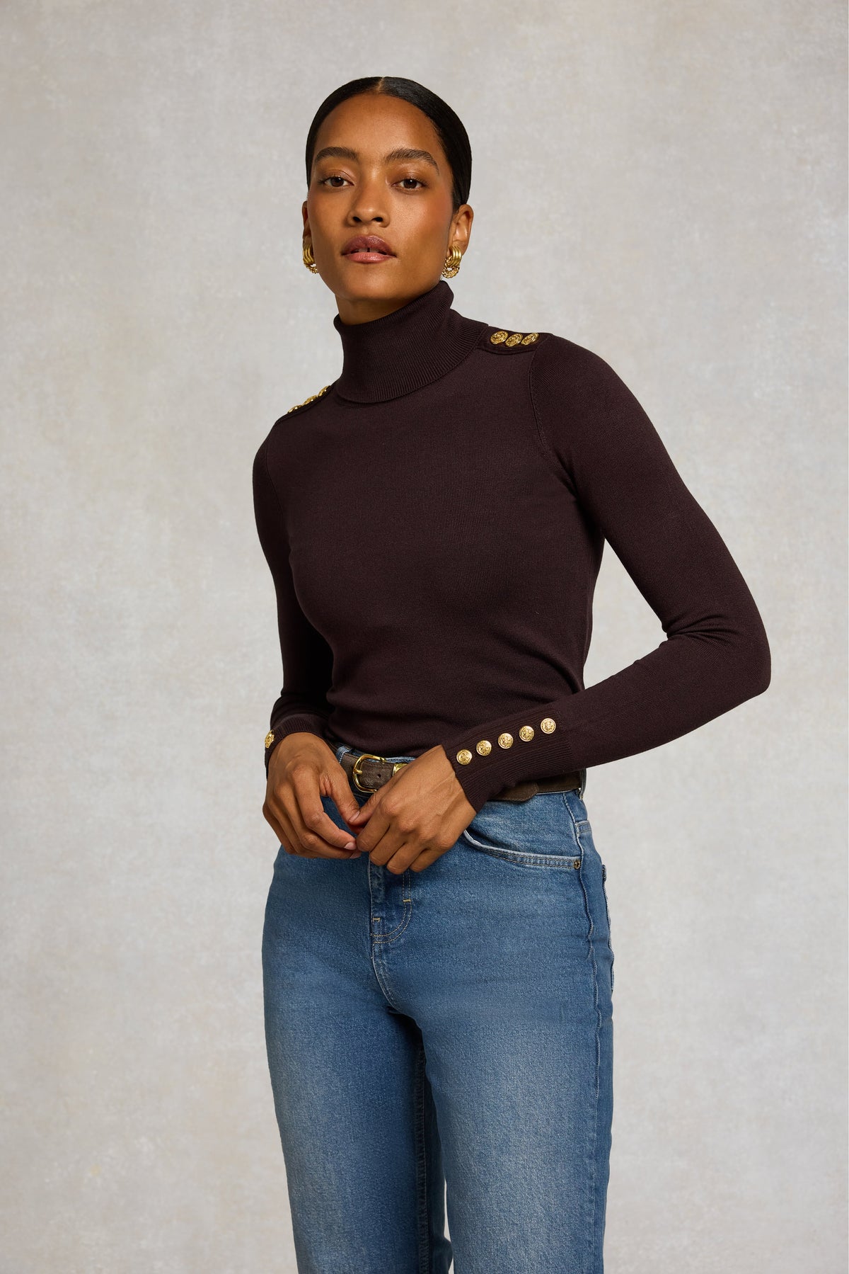 Buttoned Knit Roll Neck (Chocolate)