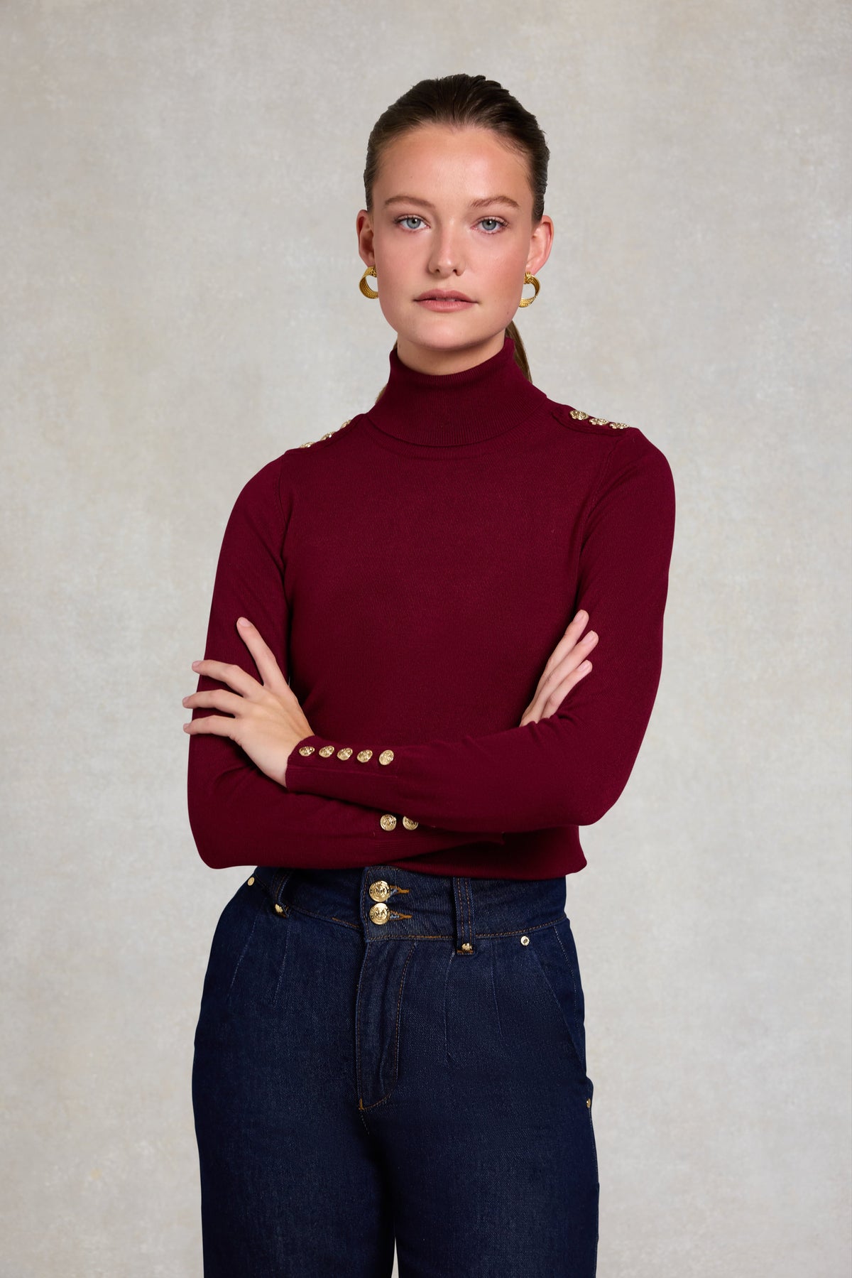 Buttoned Knit Roll Neck (Wine)