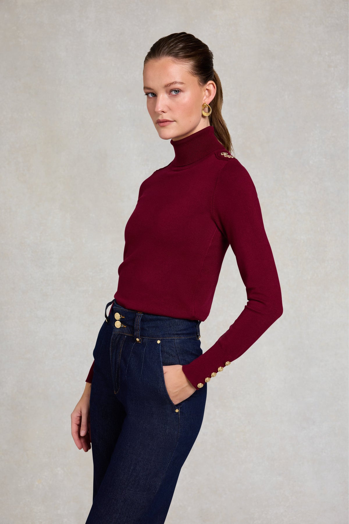 Buttoned Knit Roll Neck (Wine)