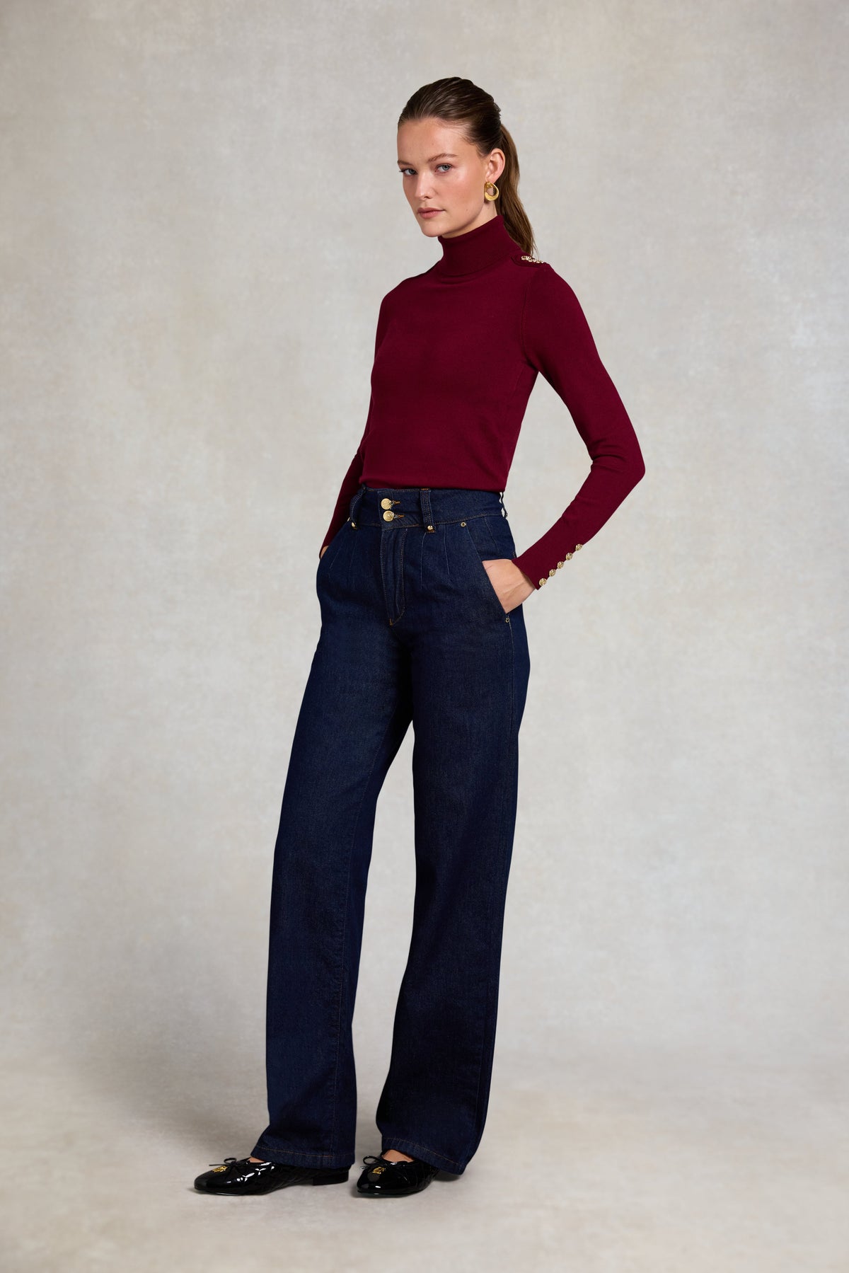 Buttoned Knit Roll Neck (Wine)
