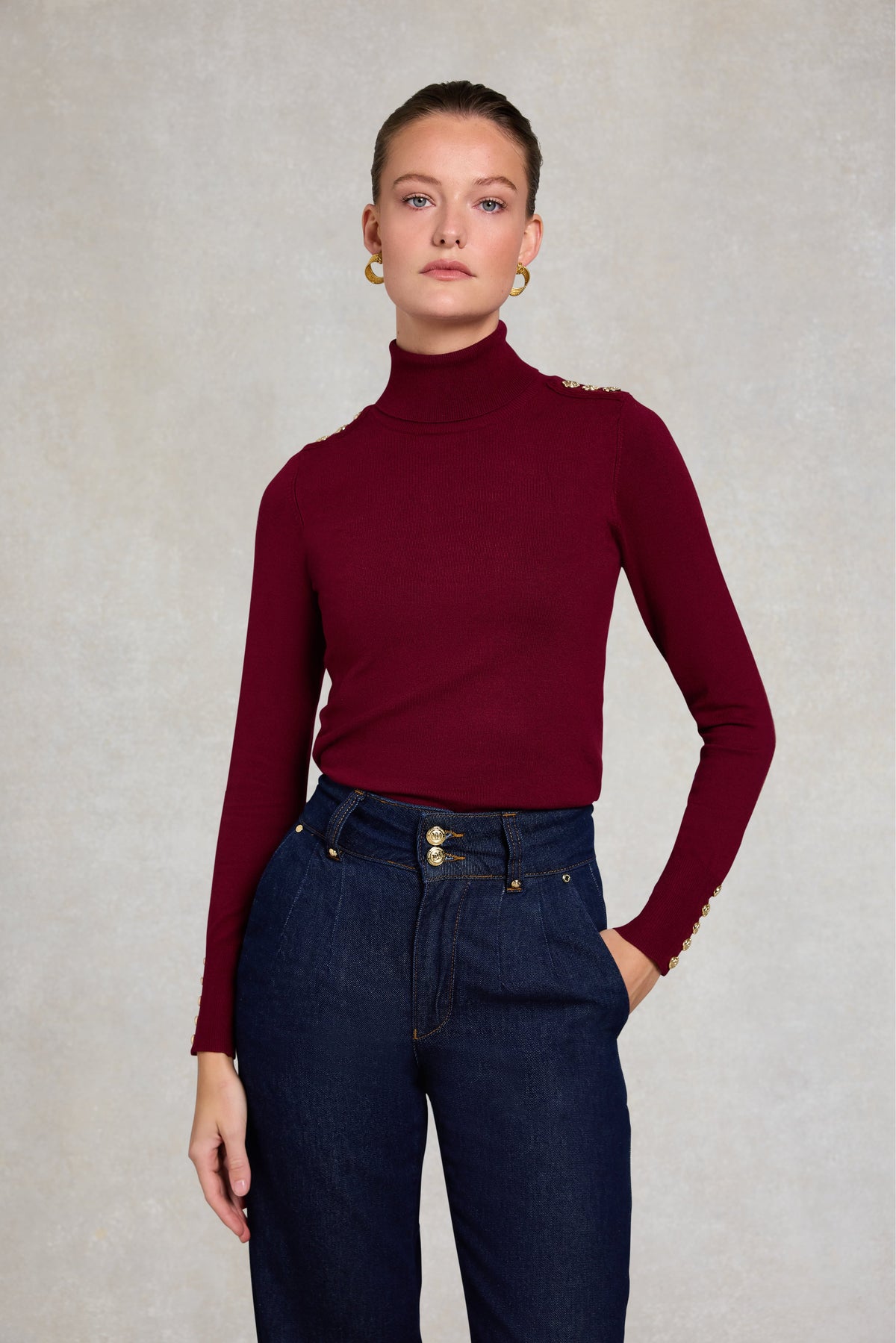 Buttoned Knit Roll Neck (Wine)