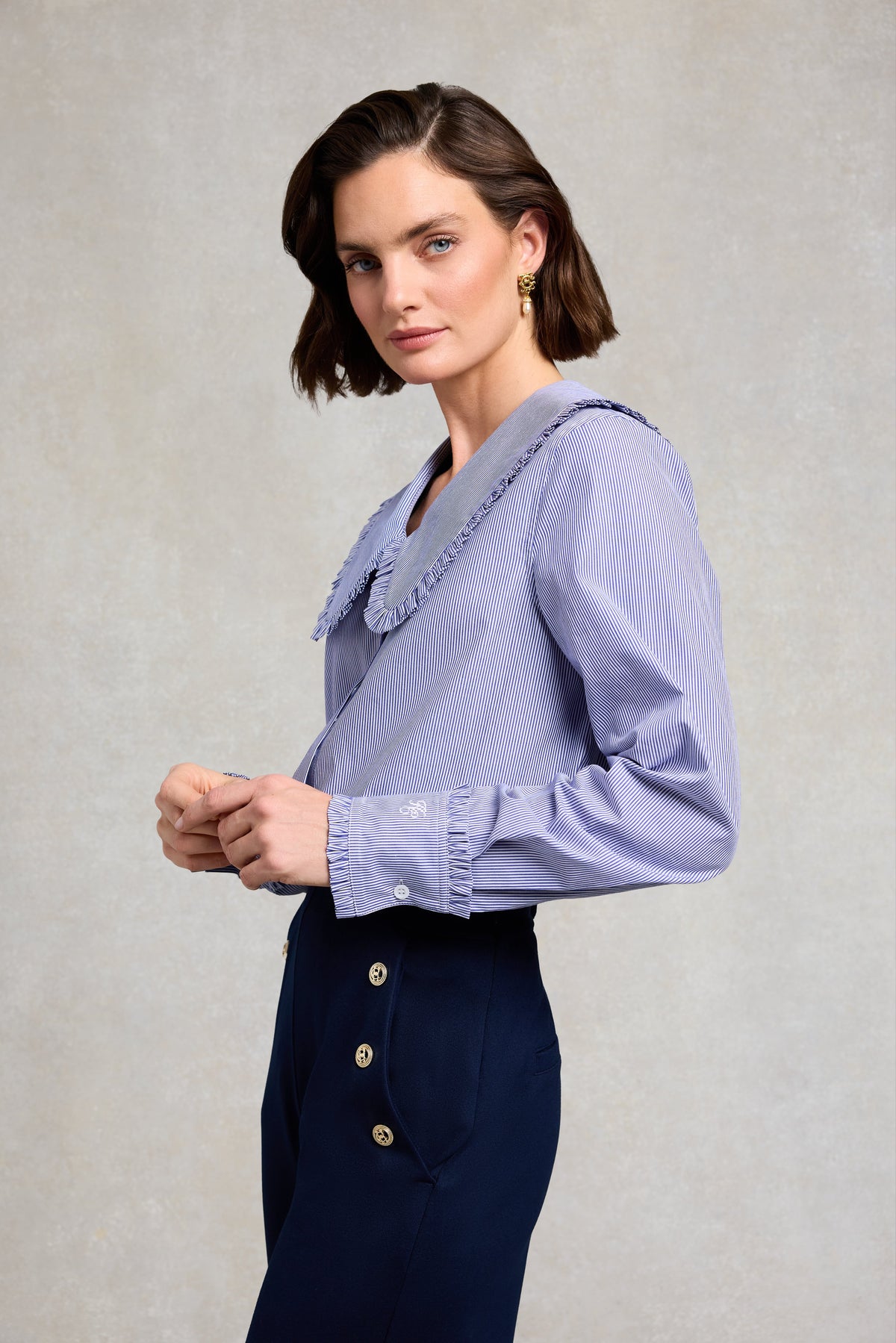 Clementine Ruffle Collar Shirt (Yacht Blue Stripe)