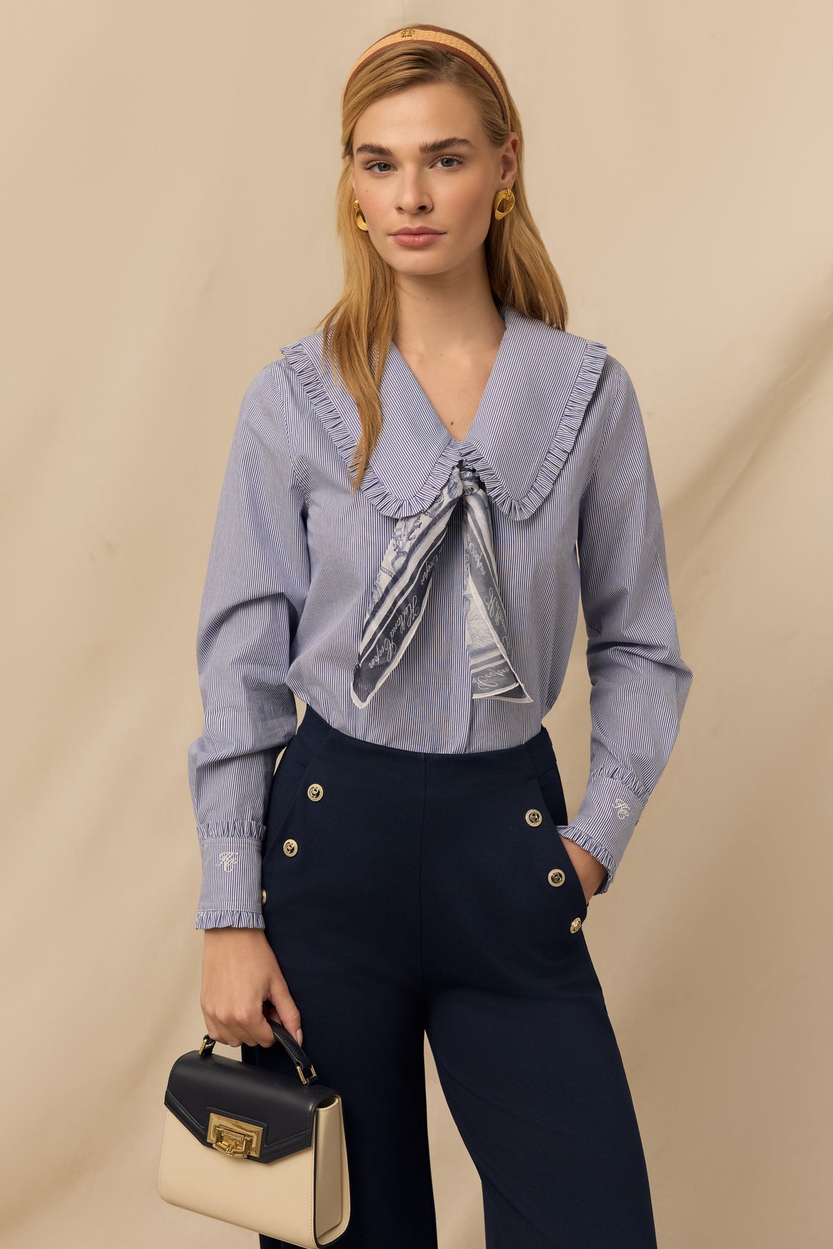 Clementine Ruffle Collar Shirt (Yacht Blue Stripe)