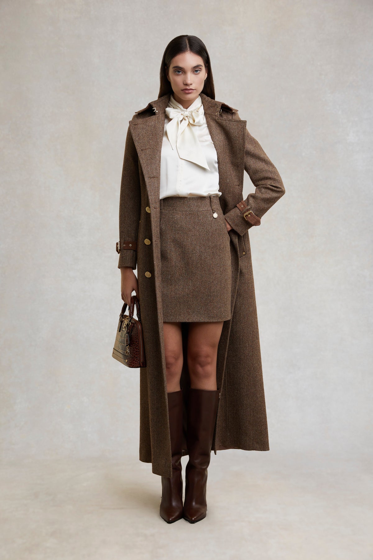 Full Length Marlborough Trench Coat (Large Scale Brown Herringbone)