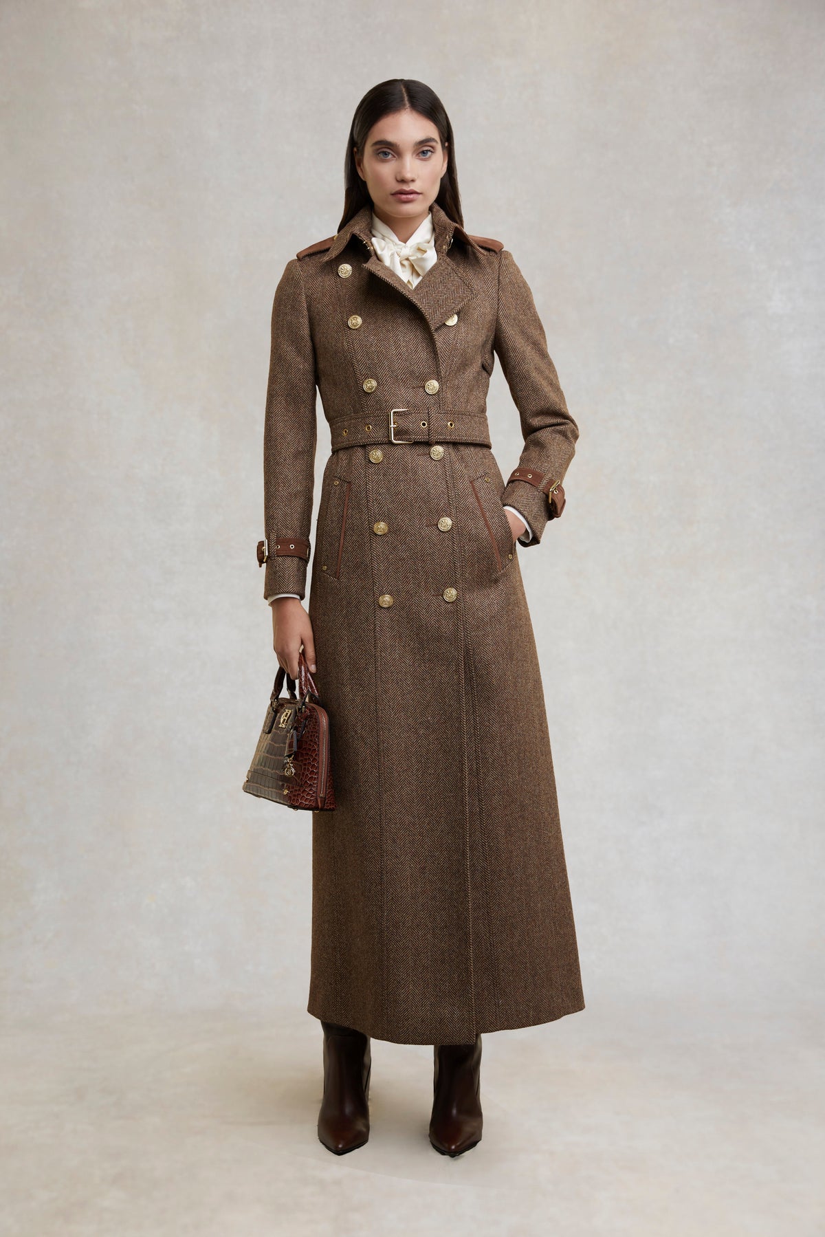 Full Length Marlborough Trench Coat (Large Scale Brown Herringbone)