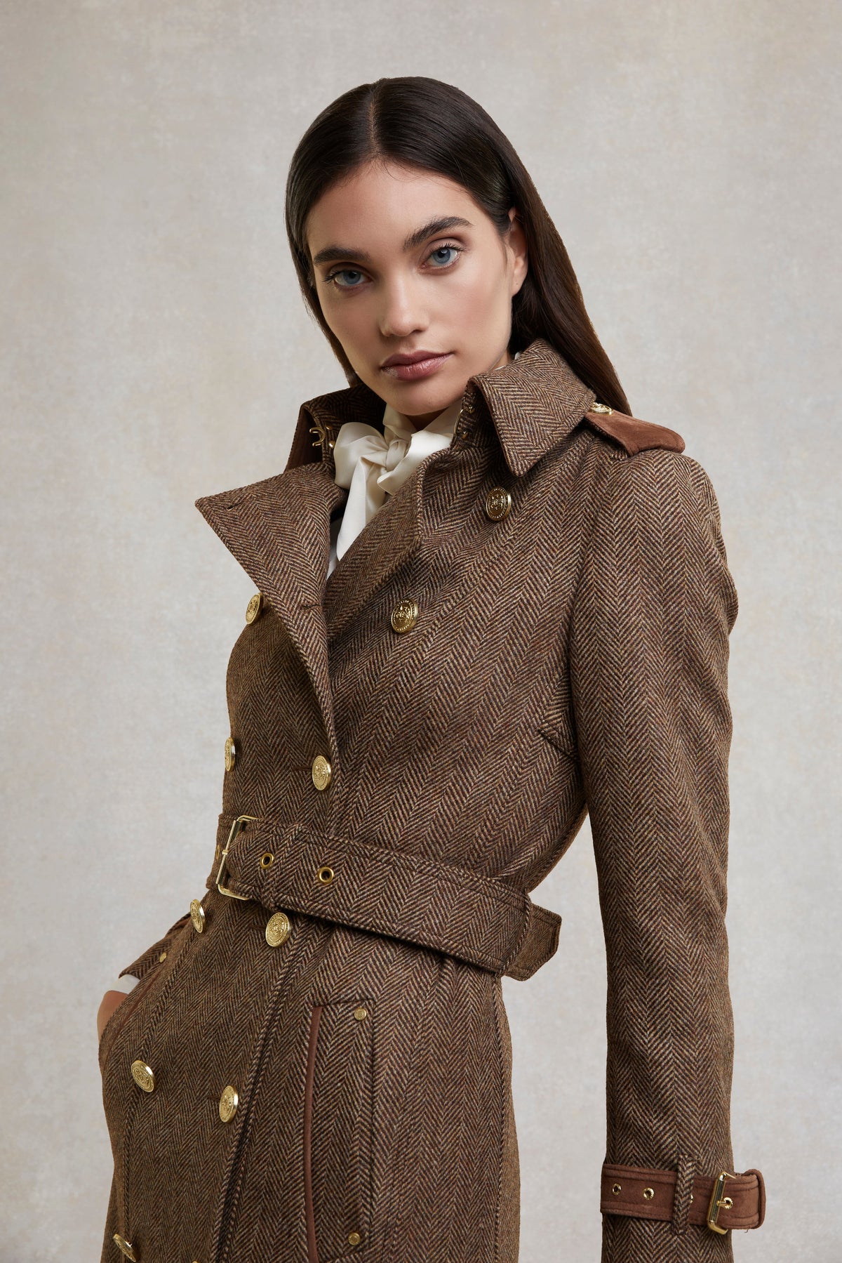 Full Length Marlborough Trench Coat (Large Scale Brown Herringbone)