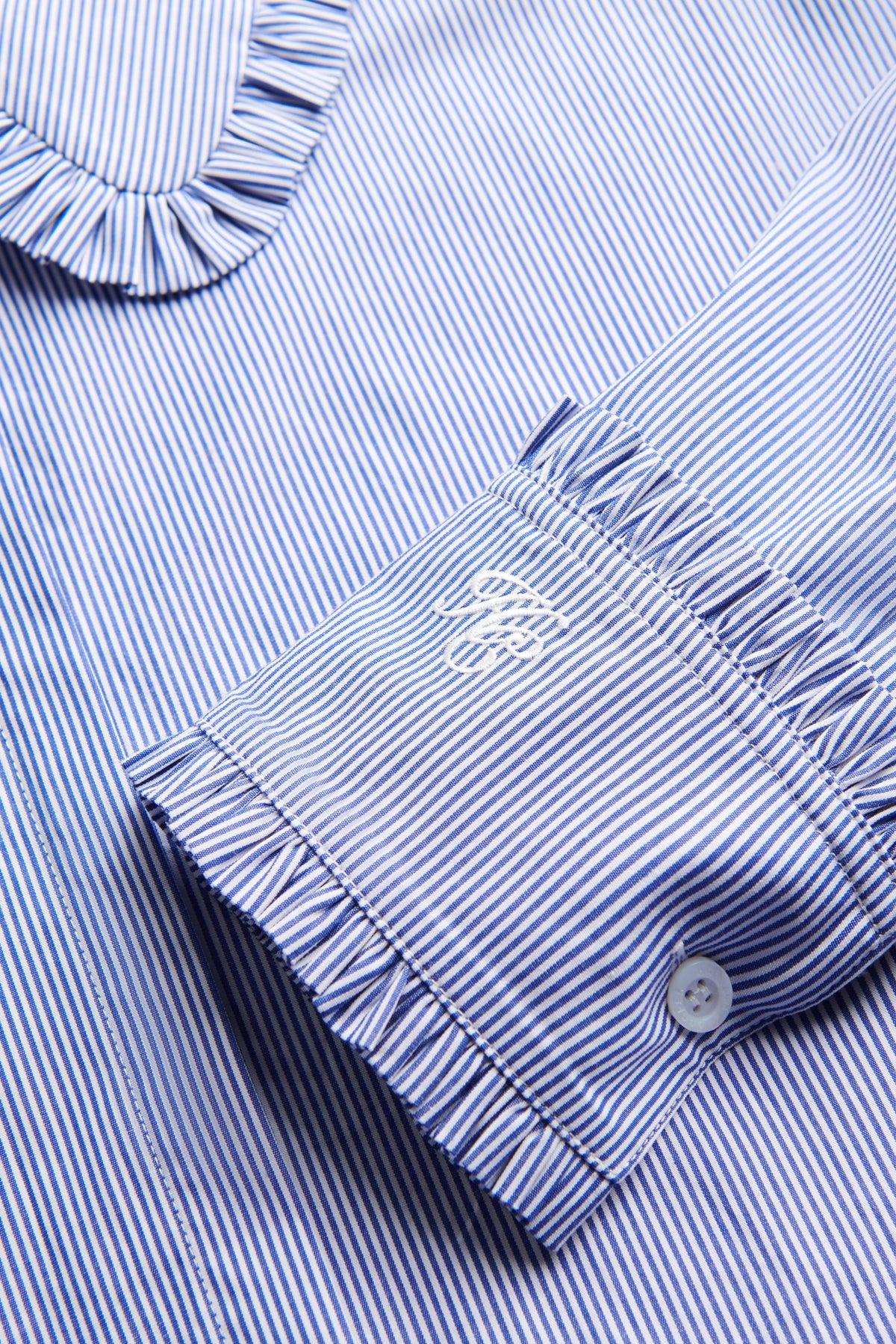 Clementine Ruffle Collar Shirt (Yacht Blue Stripe)