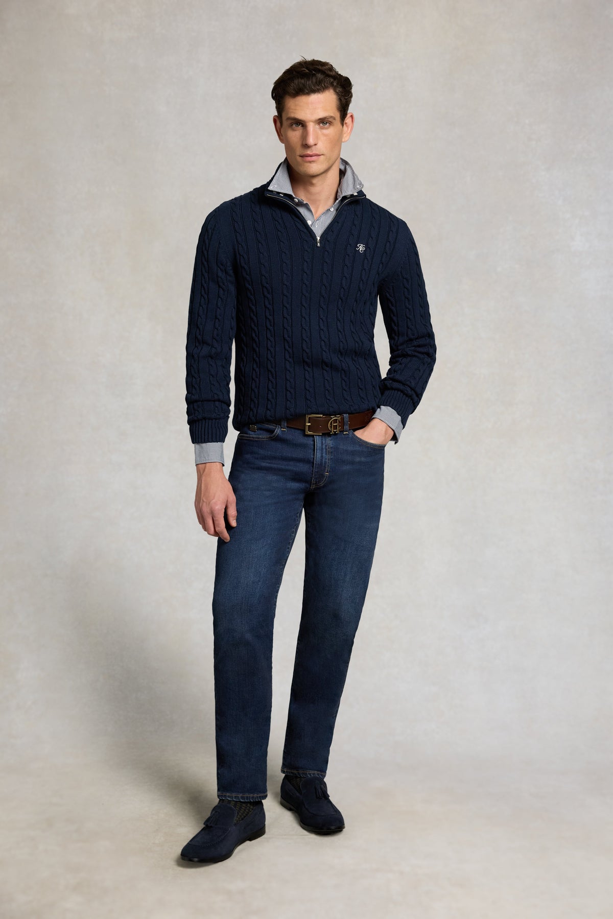 Men's Cable Quarter Zip Knit (Ink Navy)