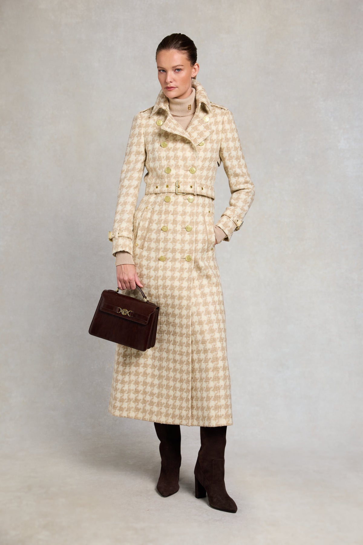 Full Length Marlborough Trench Coat (Camel Houndstooth)
