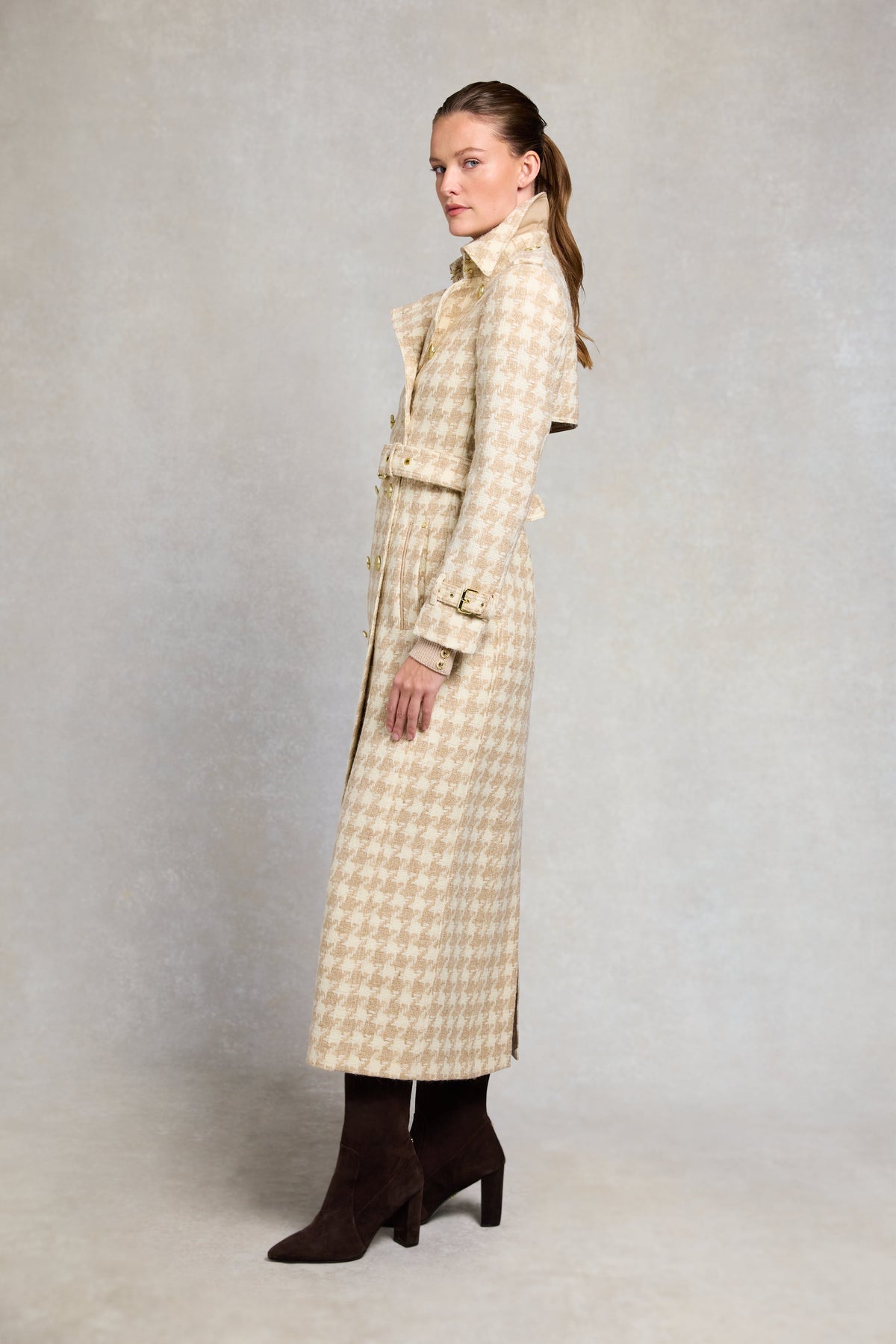 Full Length Marlborough Trench Coat (Camel Houndstooth)