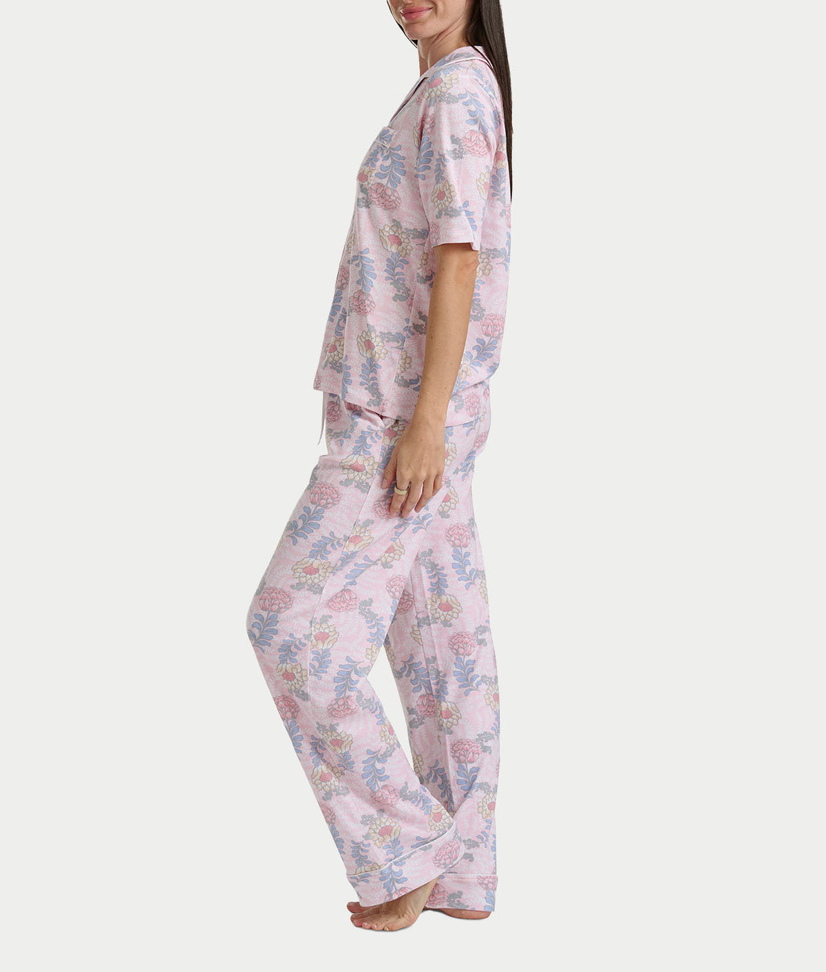 Notch Collar Elbow Sleeve Pajama Set
