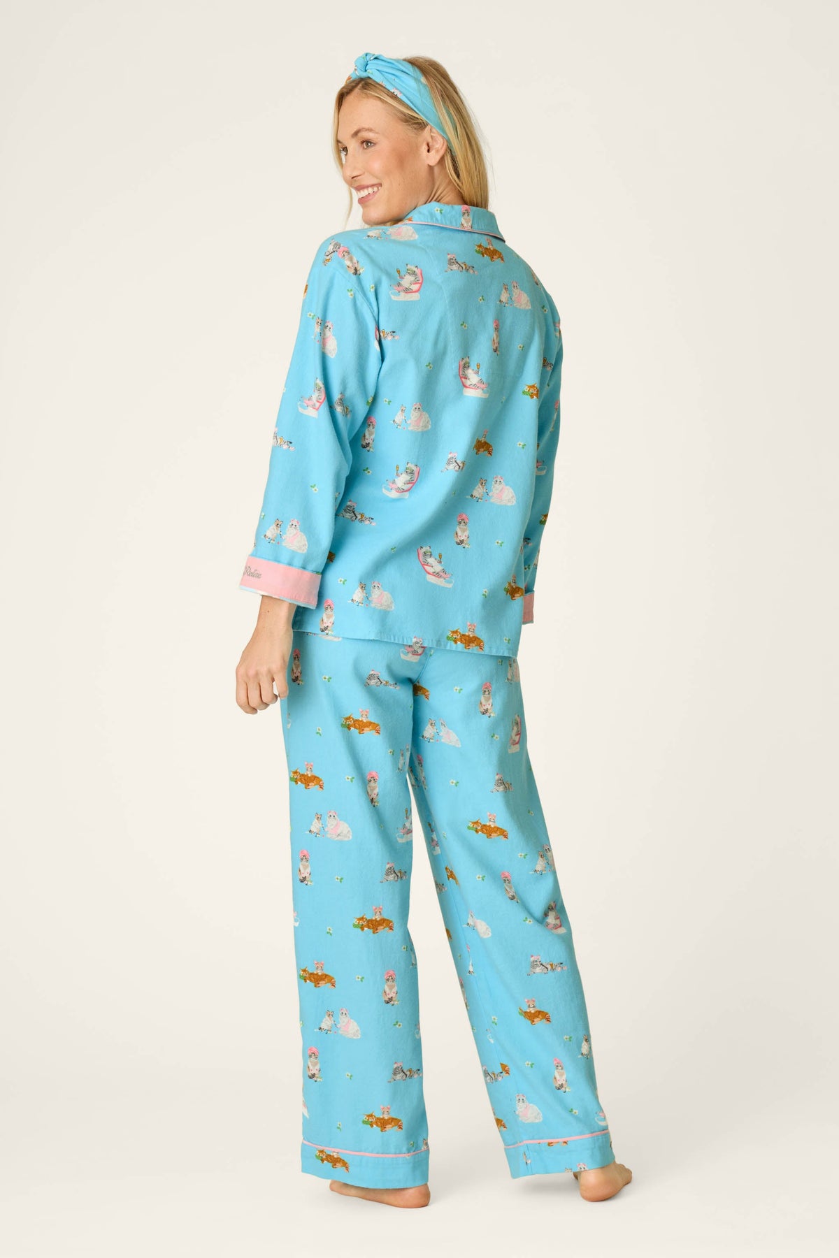 Pampered Cat Print 3-Piece Flannel Pajama Set