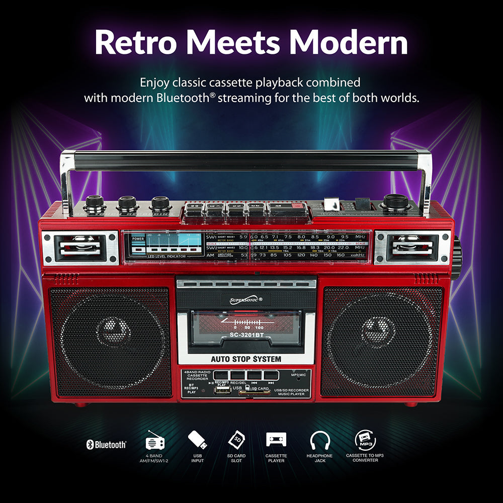 4-Band Bluetooth Radio & Cassette Player - Red