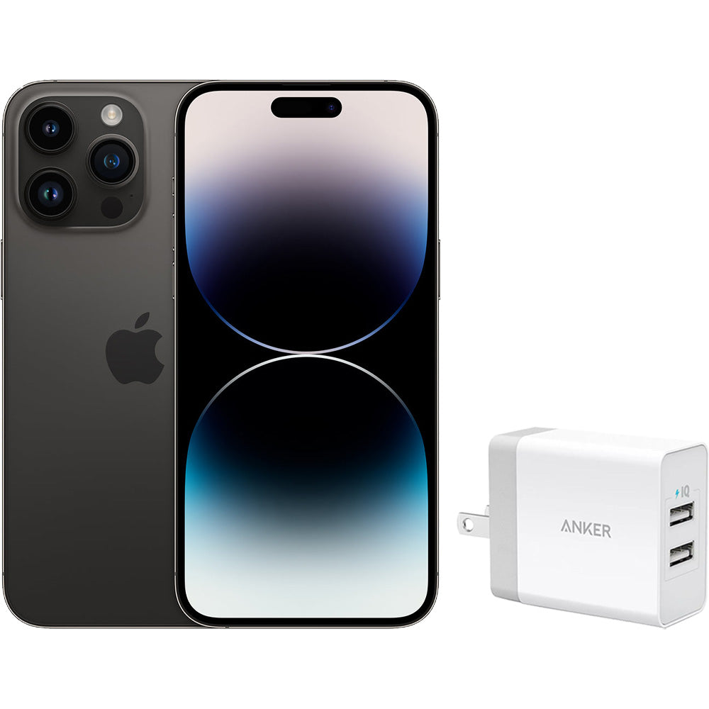 6.7" iPhone 14 Pro Max 128GB Sim-Free Space Black - Preowned with 2-Port PowerPort 24W Wall Charger