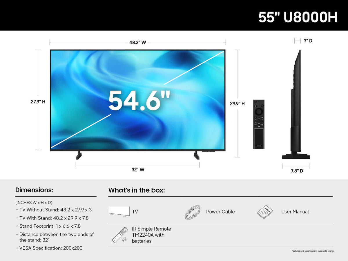 Samsung 55” Class U8000H Series Crystal UHD 4K Smart Tizen TV (2026)