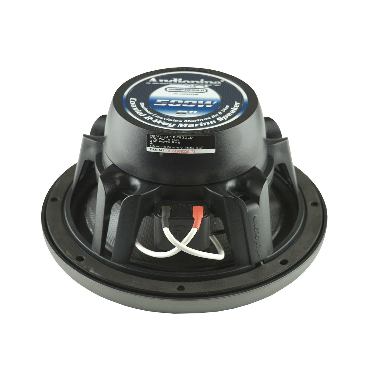 APMP-T830LD 8 Inch 500 Watt Max, 4 Ohm Marine Audio Coaxial Stereo Speaker with LED Lights and 1.5 Inch Kapton Voice Coil, (White and Titanium Grills included)