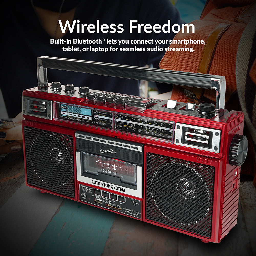 4-Band Bluetooth Radio & Cassette Player - Red