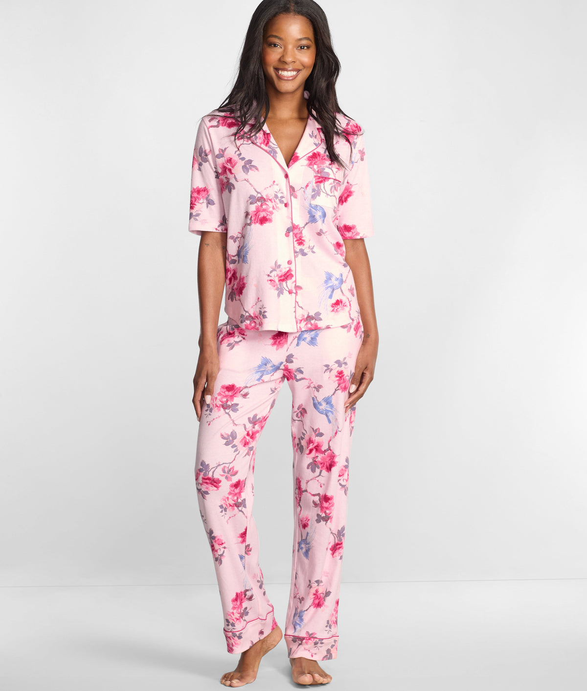Notch Collar Elbow Sleeve Pajama Set