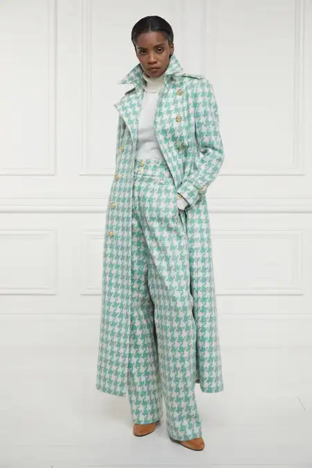 High Waisted Straight Trouser (Large Scale Teal Houndstooth)