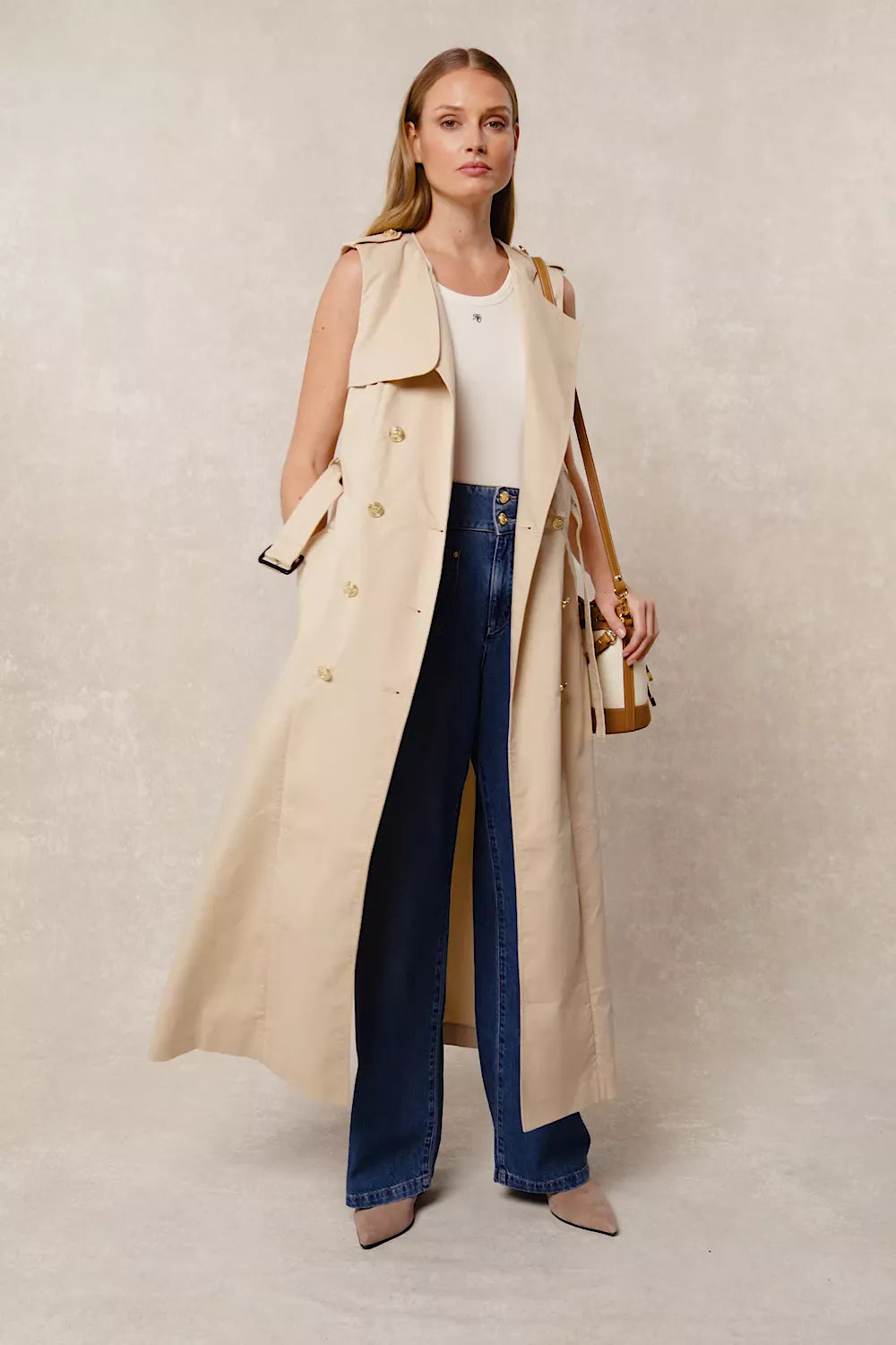 Collarless Trench Gilet (Stone)