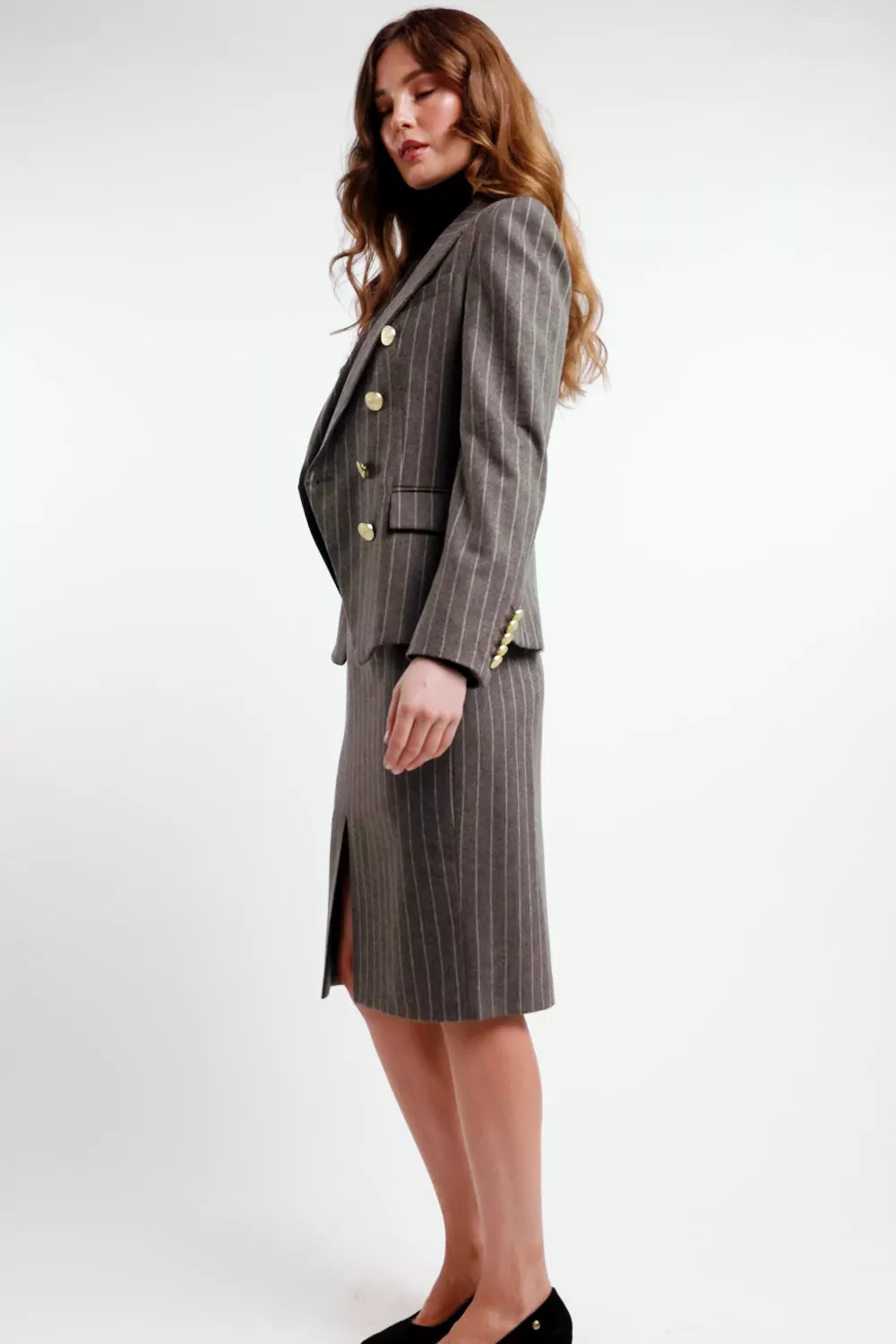 Mayfair Pencil Skirt (Soft Grey Pinstripe)