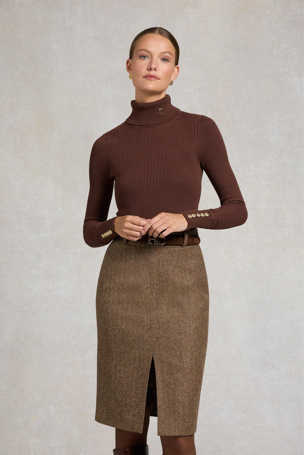 Mayfair Pencil Skirt (Large Scale Brown Herringbone)