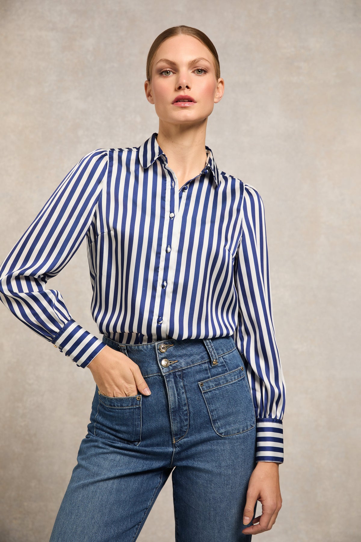 Isla Satin Shirt (Navy Stripe)