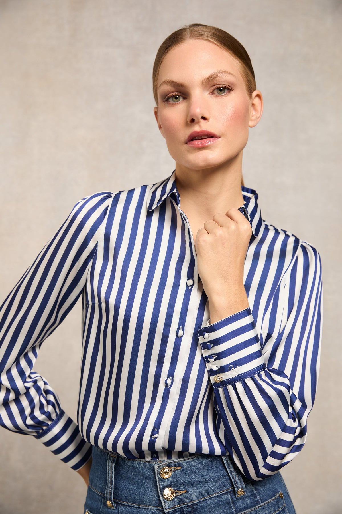 Isla Satin Shirt (Navy Stripe)