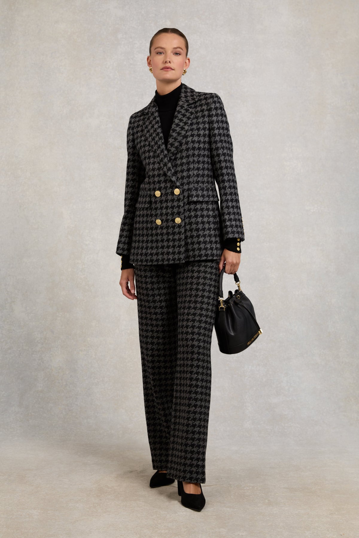 High Waisted Straight Trouser (Large Scale Charcoal Houndstooth)