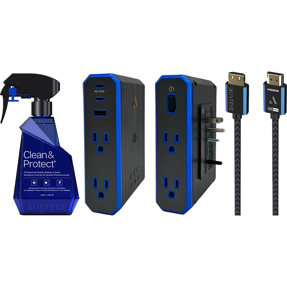 V Series \\ Power 4-Outlet with 4K HDMI Cable 2.5m & Clean 230ml Dual-Sided Anti-Bacterial Display Cleaner