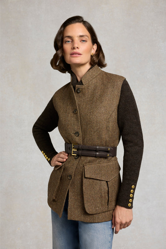 Women's Nehru Gilet (Large Scale Brown Herringbone)