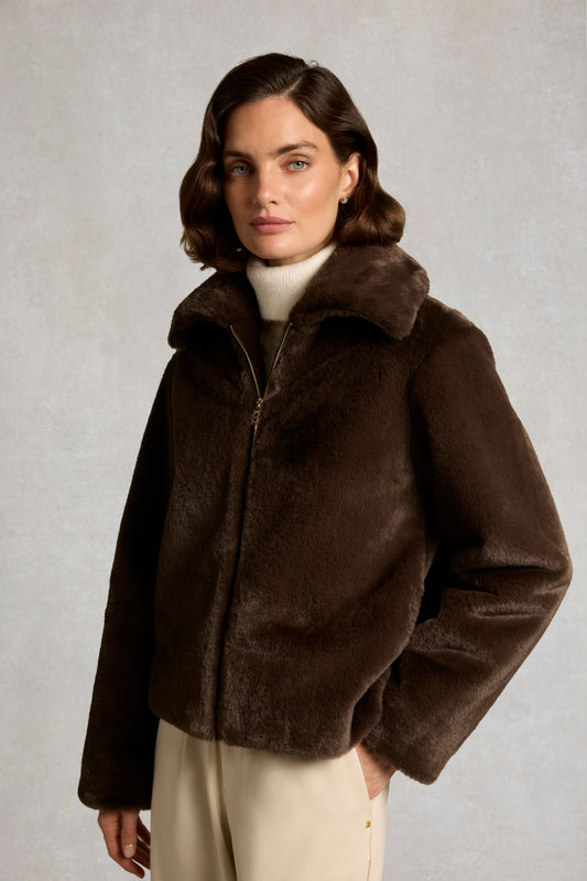 Faux Fur Coach Jacket (Chocolate)
