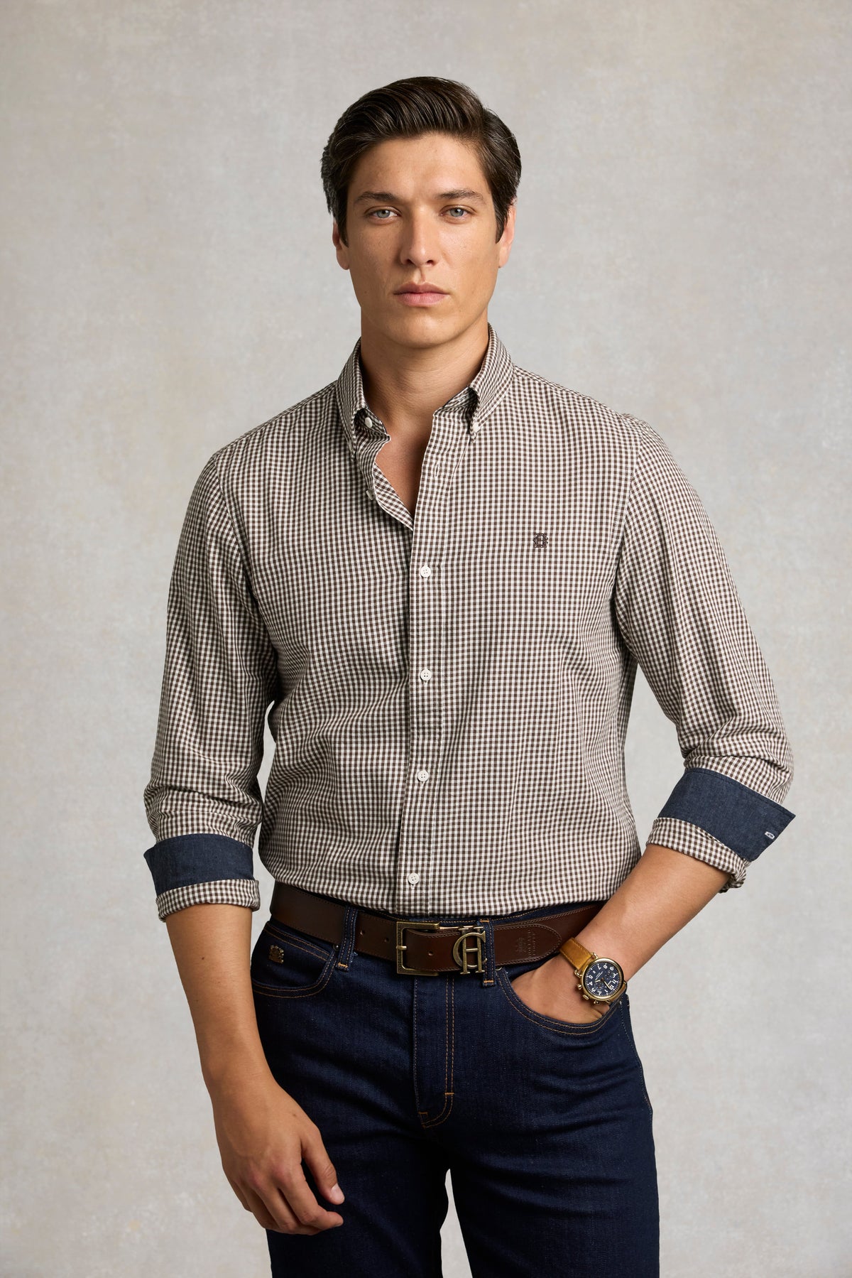 Men's Classic Fit Button Down Shirt (Chocolate Gingham)