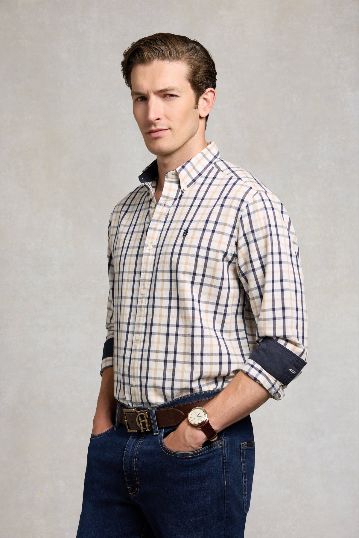Men's Relaxed Fit Button Down Shirt (Large Scale Navy Check)