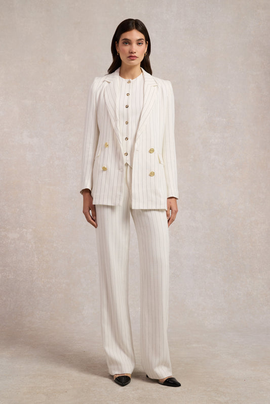 Double Breasted Blazer (Oyster Linen Pinstripe)