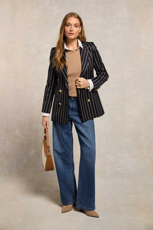 Double Breasted Blazer (Ink Navy Wide Stripe)