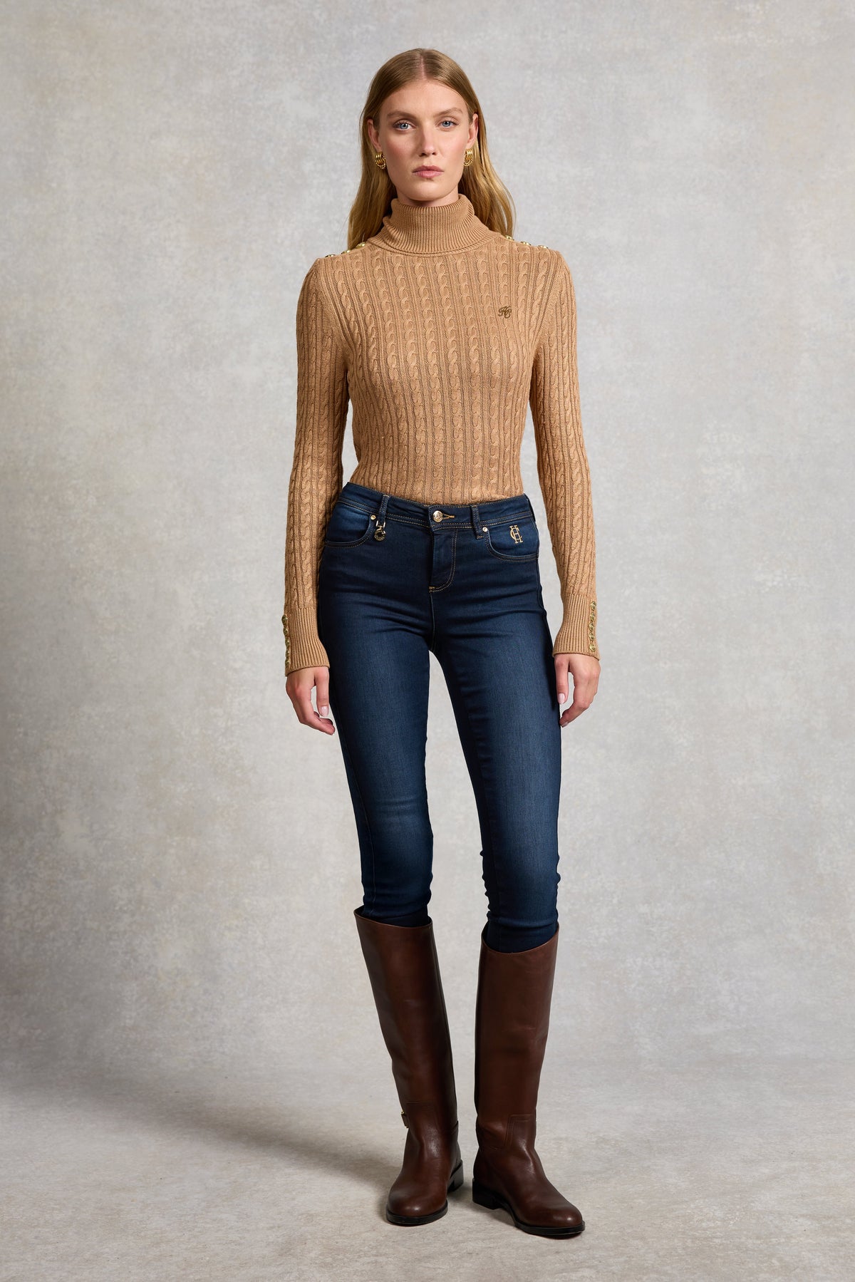 Seattle Roll Neck Cable Knit (Dark Camel Marl)