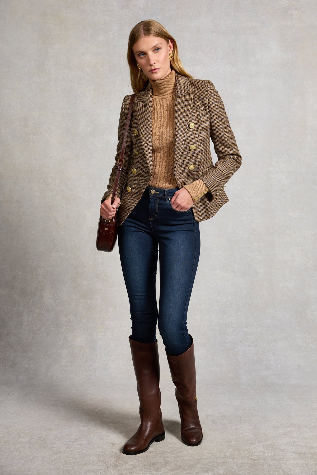 Seattle Roll Neck Cable Knit (Dark Camel Marl)