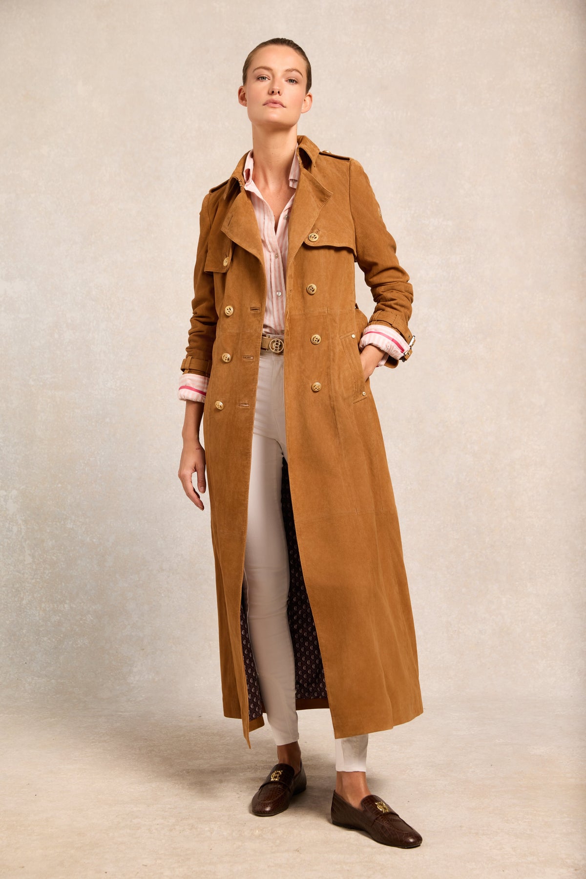 Full Length Sloane Suede Trench Coat (Tan)